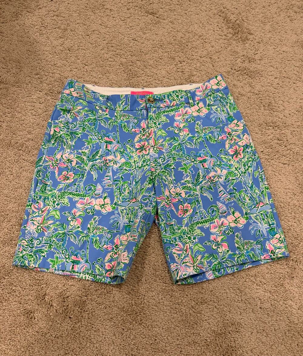 Lilly Pulitzer 9” Natia Knit Bermuda Shorts Boca Blue Beneath The Bougainvillea
